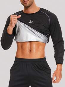 男士字母圖形對比鑲邊拉格蘭袖運動衛衣,健身衣服 - 黑色 - 查看 3