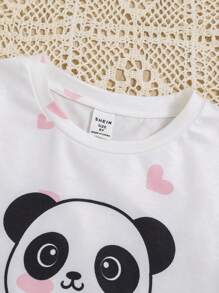 SHEIN Leap Crew Tween Girl Panda & Slogan Graphic Tee & Shorts PJ Set - Multicolor - View 6