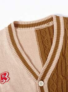 Tween Boy Two Tone Letter Embroidery Striped Trim Drop Shoulder Cable Knit Cardigan - Apricot - View 3