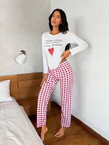 RueChic Heart & Slogan Graphic PJ Set - Red and White - View 4