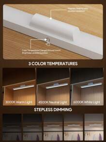 JMMO LED 灯橱柜灯，3 种颜色，可充电电池供电夜灯，照明记忆和磁性底座，方便免粘安装，适用于楼梯厨房浴室床、橱柜和墙壁装饰 - 白色 - 查看 3