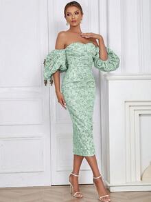 Off Shoulder Puff Sleeve Split Back Floral Jacquard Dress - Green - View 6