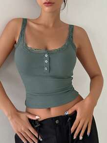 DAZY Trang trí ren Nút phía trước Cắt chóp Cami - màu xanh lá - Xem 3