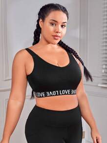 Easithlete Plus Letter Tape Panel Sports Bra - Black - View 4