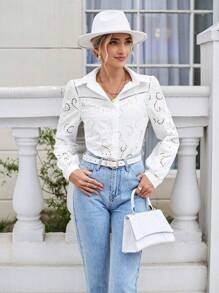 SHEIN Frenchy Solid Eyelet Embroidery Button Front Shirt - White - View 6