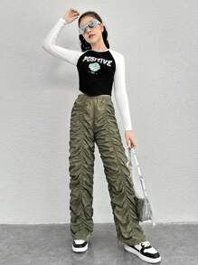 Pantalones anchos plisados con cordón y hebilla en forma de nariz de cerdo en unicolor tejido para adolescente