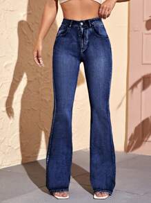 SHEIN Essnce Graphic Print Flare Leg Jeans - Dark Wash - View 4