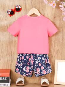 SHEIN 女小童字母和花卉印花T恤和短褲 - 玫紅色 - 查看 3