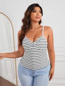 SHEIN Essnce Plus Striped Twist Front Cami Top - Black and White - View 6