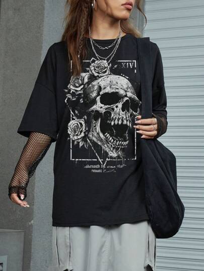 Goth Camiseta de hombros caídos con estampado de calavera y flores, unisex para la escuela