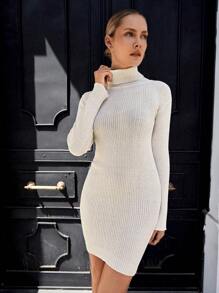 EURMUSE Turtleneck Ribbed Knit Sweater Dress