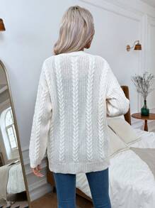 SHEIN Essnce Dual Pocket Drop Shoulder Cable Knit Duster Cardigan - White - View 2