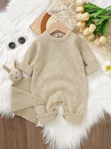Baby Girl Solid Button Detail Knit Jumpsuit - Khaki - View 5