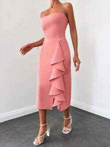 EURMUSE Ruffle Trim Split Thigh Tube Dress - Pink - View 5