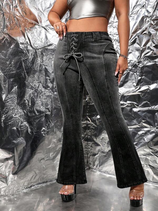 SHEIN ICON Talla grande Jeans de pierna amplia con cordón delantero