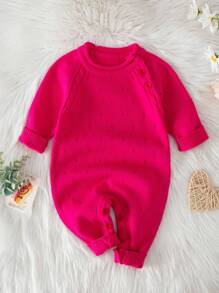 Baby Girl Solid Button Detail Raglan Sleeve Knit Jumpsuit - Hot Pink - View 1