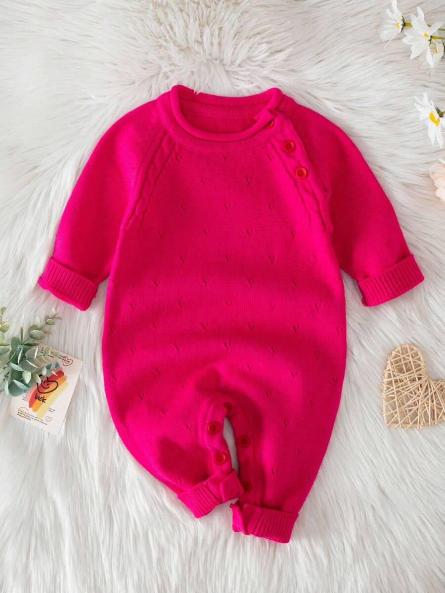 Baby Girl Solid Button Detail Raglan Sleeve Knit Jumpsuit - Hot Pink - View 1