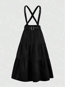 ROMWE Grunge Punk 纯色荷叶边下摆吊带裙，学校风 - 黑色 - 查看 1