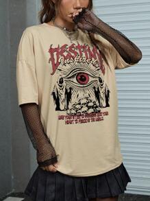 ROMWE Grunge Punk 眼睛骷髏&標語圖案落肩T恤 - 杏色 - 查看 4
