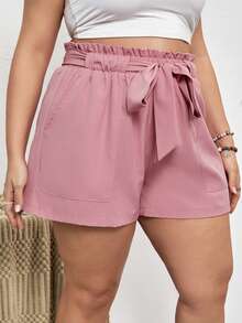 SHEIN VCAY 大碼紙袋腰附腰帶短褲 - 藕粉色 - 查看 5