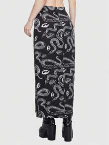 ROMWE Goth Snake Print Split Thigh Skirt - Black - View 3