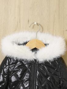 SHEIN 女寶寶休閒連帽外套,亮面,保暖毛領秋冬 - 黑色 - 查看 3