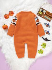 Baby Girl Halloween Pumpkin Pattern Cable Knit Jumpsuit - Orange - View 2