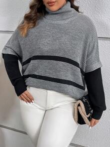 SHEIN Clasi Hơn Mẫu sọc Áo cao cổ Thả vai Áo len - Xám - Xem 5