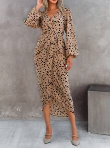 SHEIN Unity 斑點印花燈籠袖鬱金香下擺連衣裙 - 卡其色 - 查看 6