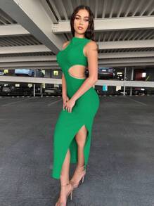 SHEIN SXY Cắt ra Tách đùi Váy bodycon - màu xanh lá - Xem 3