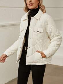 SHEIN LUNE 翻蓋口袋絎縫外套 - 杏色 - 查看 4