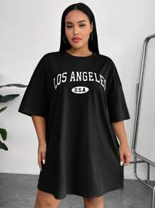 SHEIN EZwear 加大字母图案落肩 T 恤连衣裙加大码 T 恤女童 sy2k 加大码服装超大码 T 恤女式 - 黑色 - 查看 3