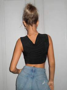 SHEIN ICON Summer Black Draped Collar Crop Tank Top - Black - View 2