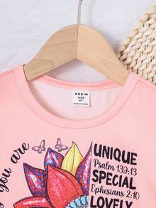 SHEIN Young Girl Floral & Letter Graphic Tee - Pink - View 3