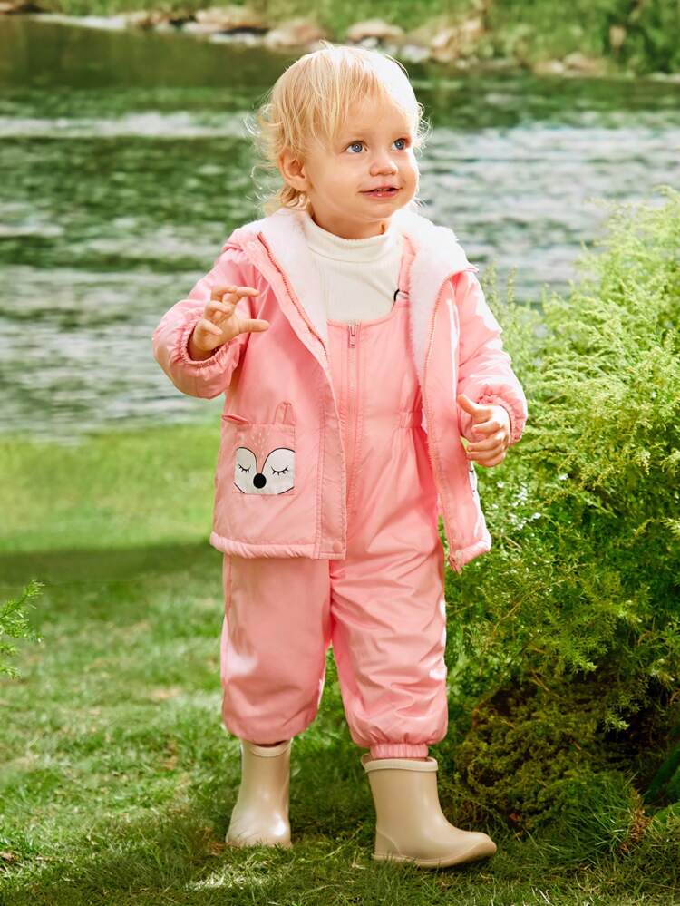 2pcs Baby Girls' Casual Cute Print Fleece Hooded Jacket And Elastic Waist Pants Set, Medium Thickness