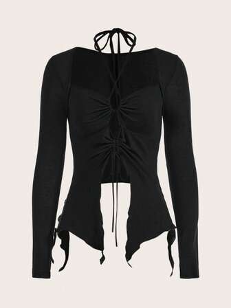 Drawstring Front Split Hem Tee