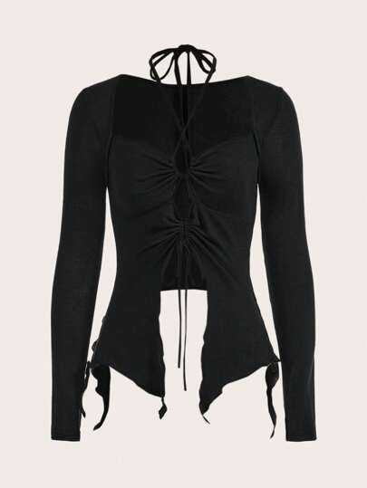 Drawstring Front Split Hem Tee