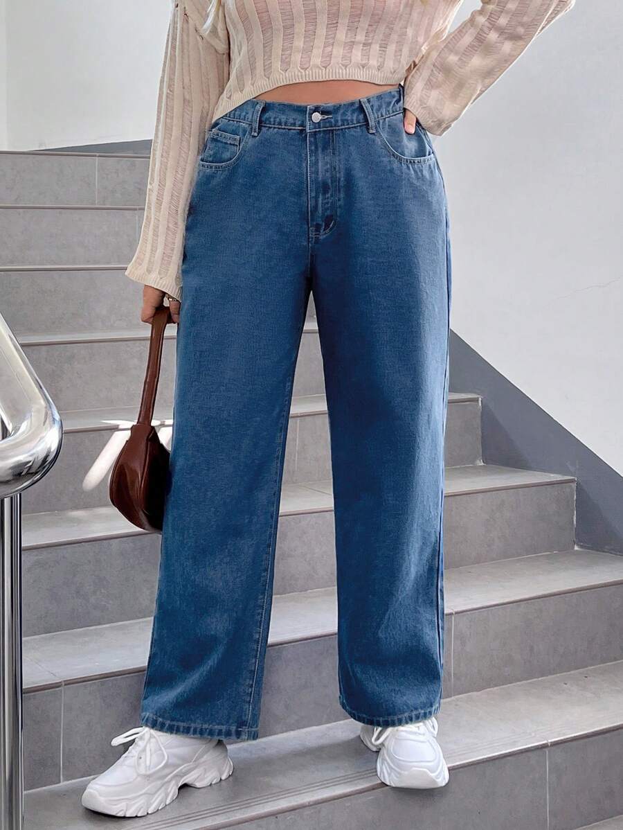 SHEIN EZwear Talla grande Jeans de pierna recta - Azul - Ver 1