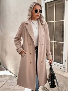 SHEIN LUNE Abrigo de cuello con solapa de doble botonadura con cinturón - Caqui - Ver 5