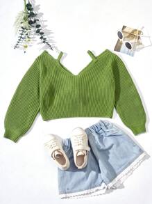 SHEIN Tween Girl Cold Shoulder Twist Front Crop Sweater - Olive Green - View 2