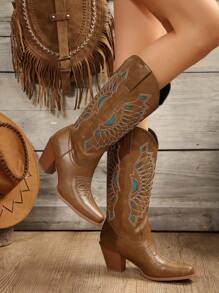 秋冬女装时尚四季西部风休闲马靴女牛仔靴女款，女式牛仔靴 - 棕色 - 查看 6