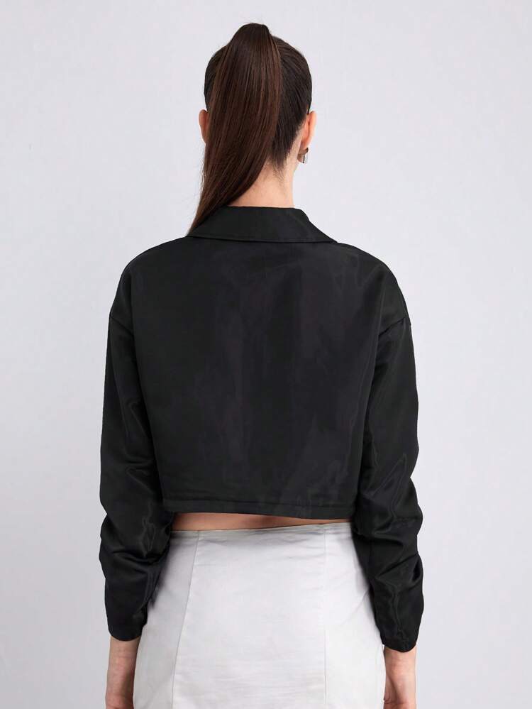 Drawstring Sleeve Zip Up Crop Blouse