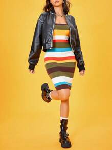 SHEIN Unity Bomber À Bordure Contrastante Épaule tombante en PU - Noir - Voir 6