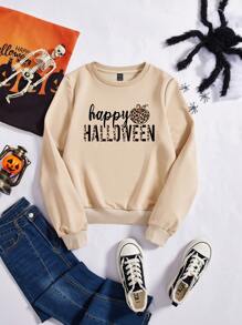 SHEIN LUNE Halloween & Letter Graphic Sweatshirt - Apricot - View 1