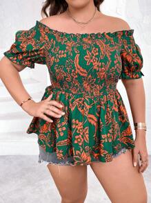 SHEIN Holidaya Plus Floral Print Off Shoulder Peplum Blouse - Dark Green - View 4