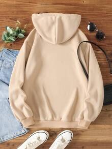 SHEIN LUNE Slogan Graphic Drawstring Thermal Lined Hoodie - Khaki - View 2