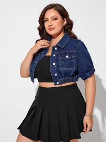 SHEIN Essnce Plus Flap Pocket Crop Denim Jacket - Dark Wash - View 1