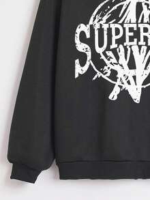 SHEIN Unity 加大码字母图案落肩抽绳卫衣 - 黑色 - 查看 5