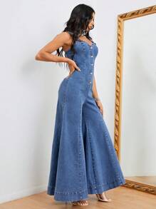 SHEIN Privé Button Front Wide Leg Denim Jumpsuit - Medium Wash - View 5