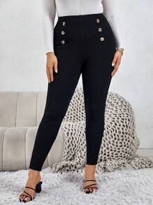Reflora Plus High Waist Button Detail Skinny Pants - Black - View 1